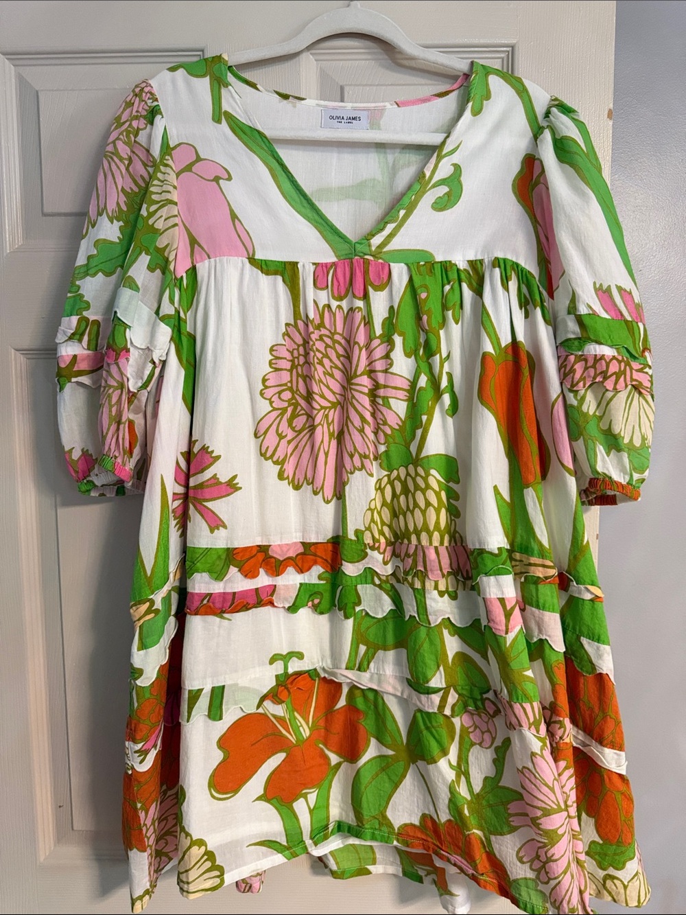 Floral Puff Sleeve Dress in White, Green & Pink